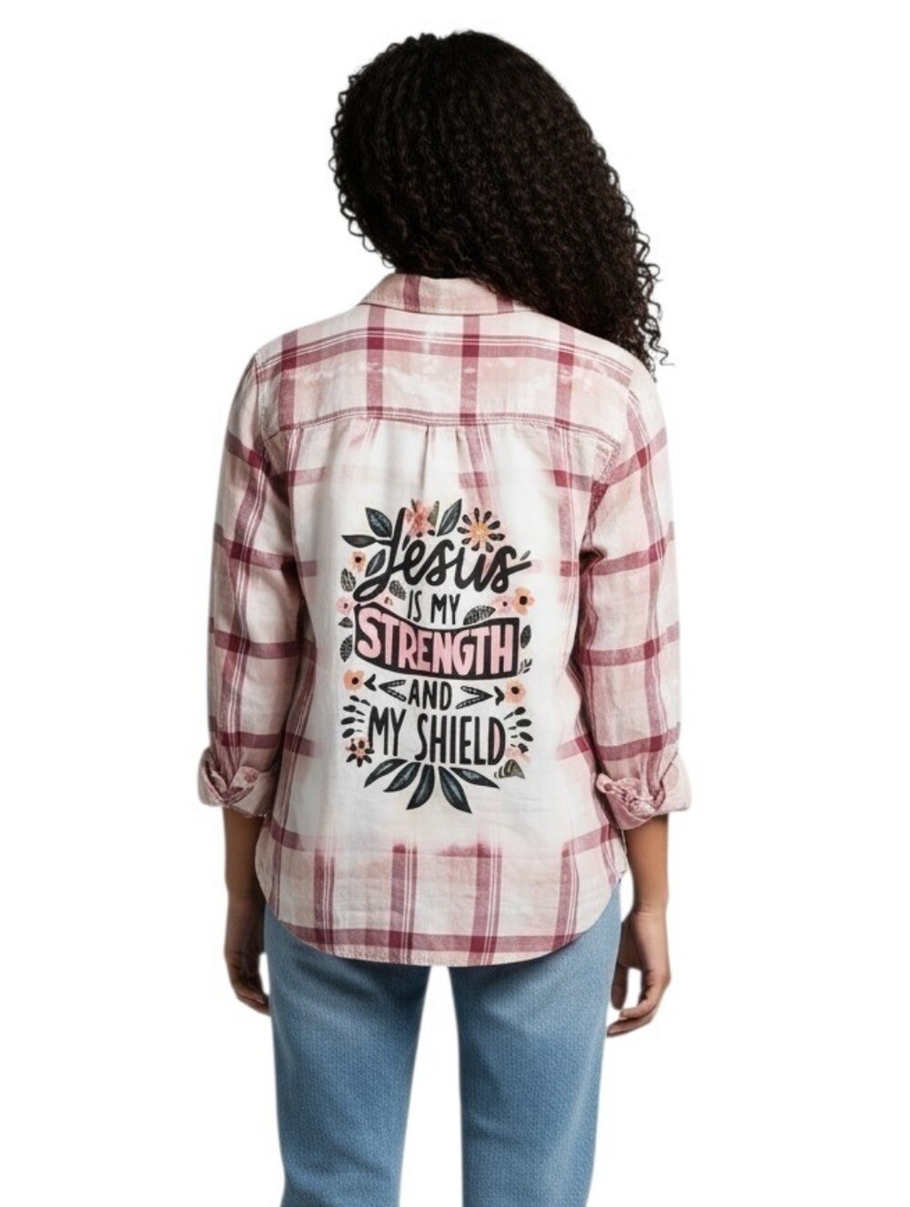Jesus Is My Strength & My Shield  Repurposed Christian Theme Plaid Shirt, 12